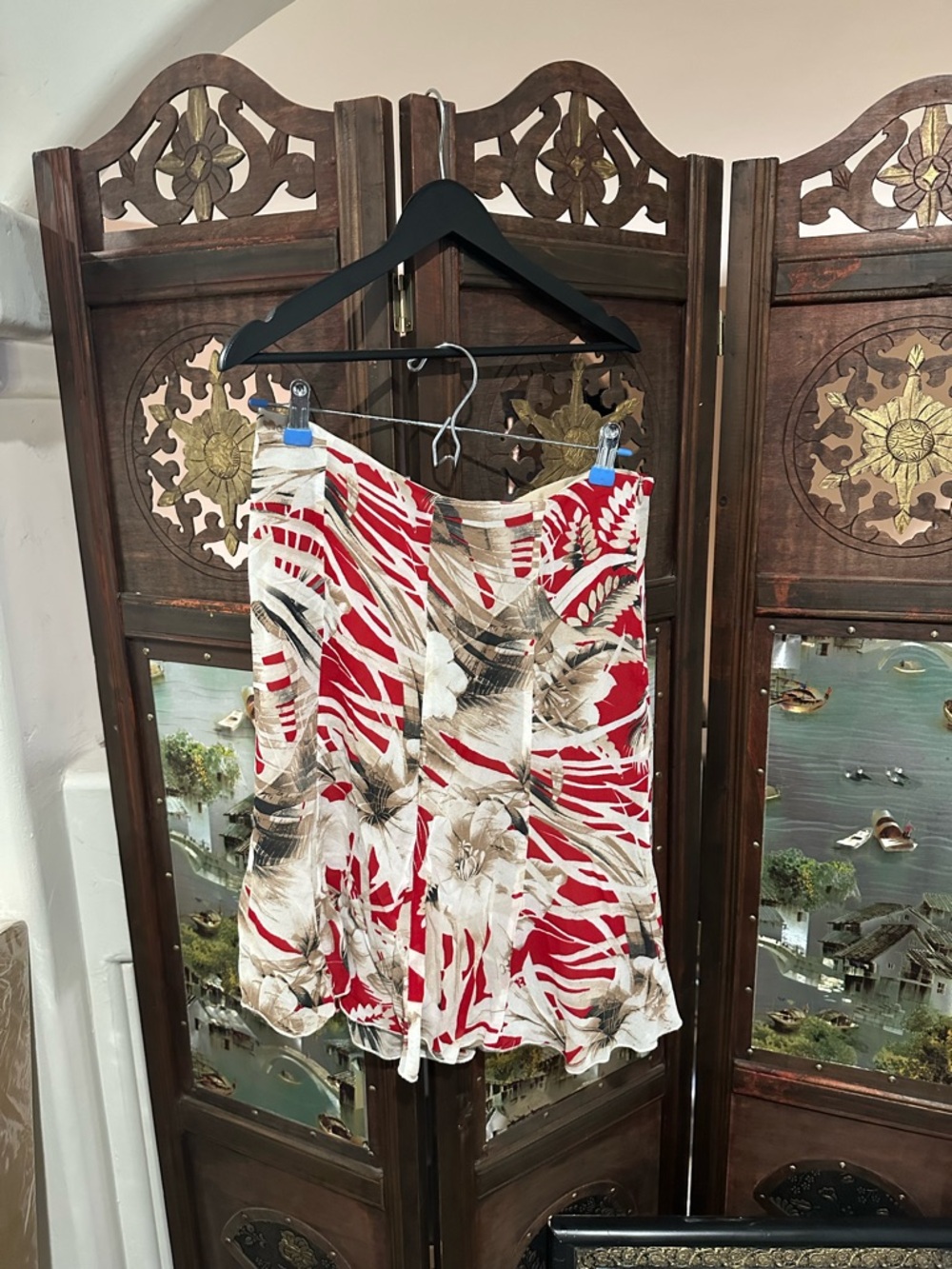 Karen Kane Red, Cream & Brown Floral Midi Skirt